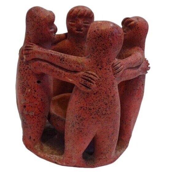 Vintage Aztec Mayan Folk Art Circle of Friends (4) Clay Pottery Candle Holder - Picture 7 of 7